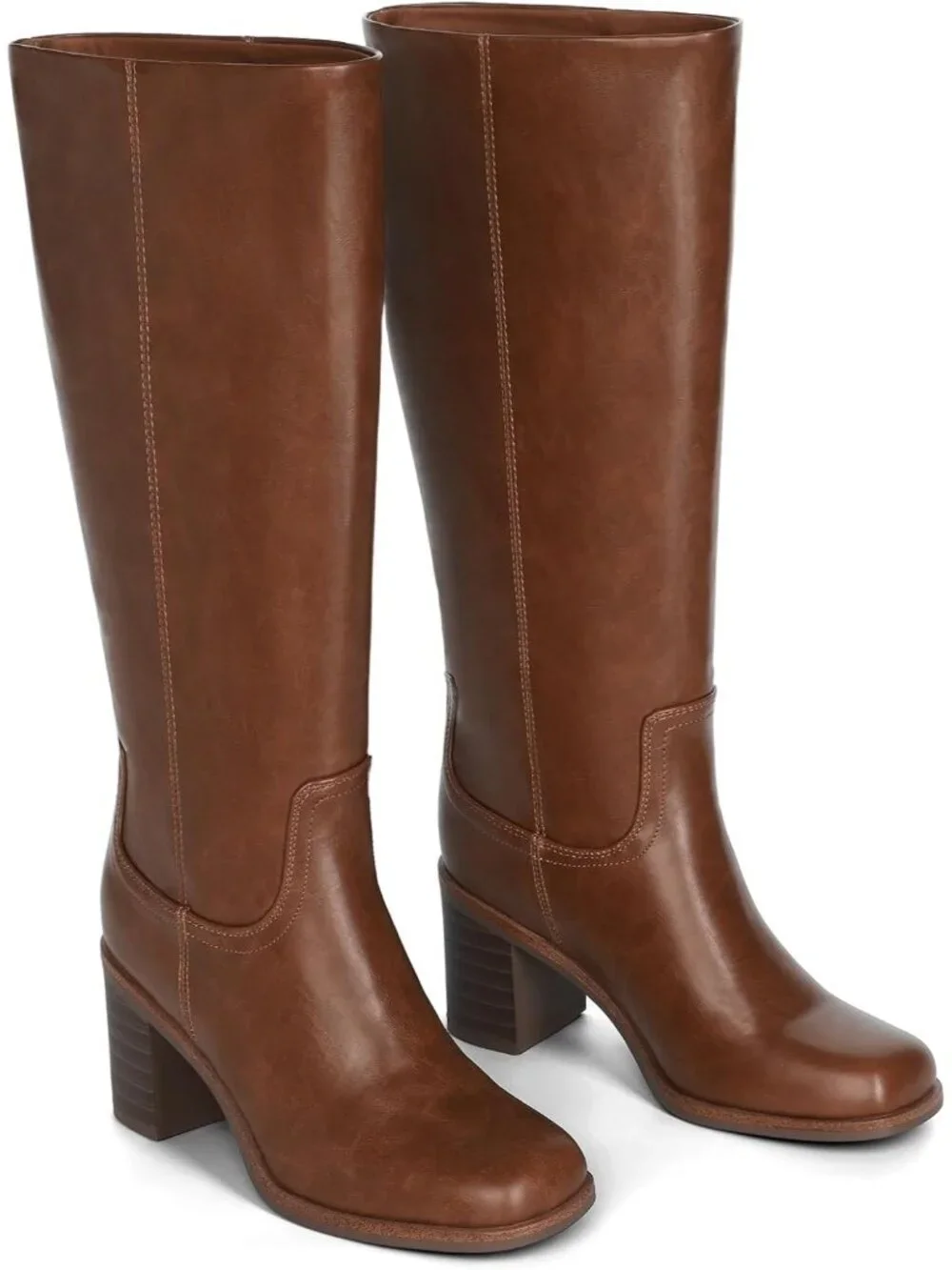 Women's Brown Chunky Block Heel Square Toe Faux Leather Long Knee High Boots
